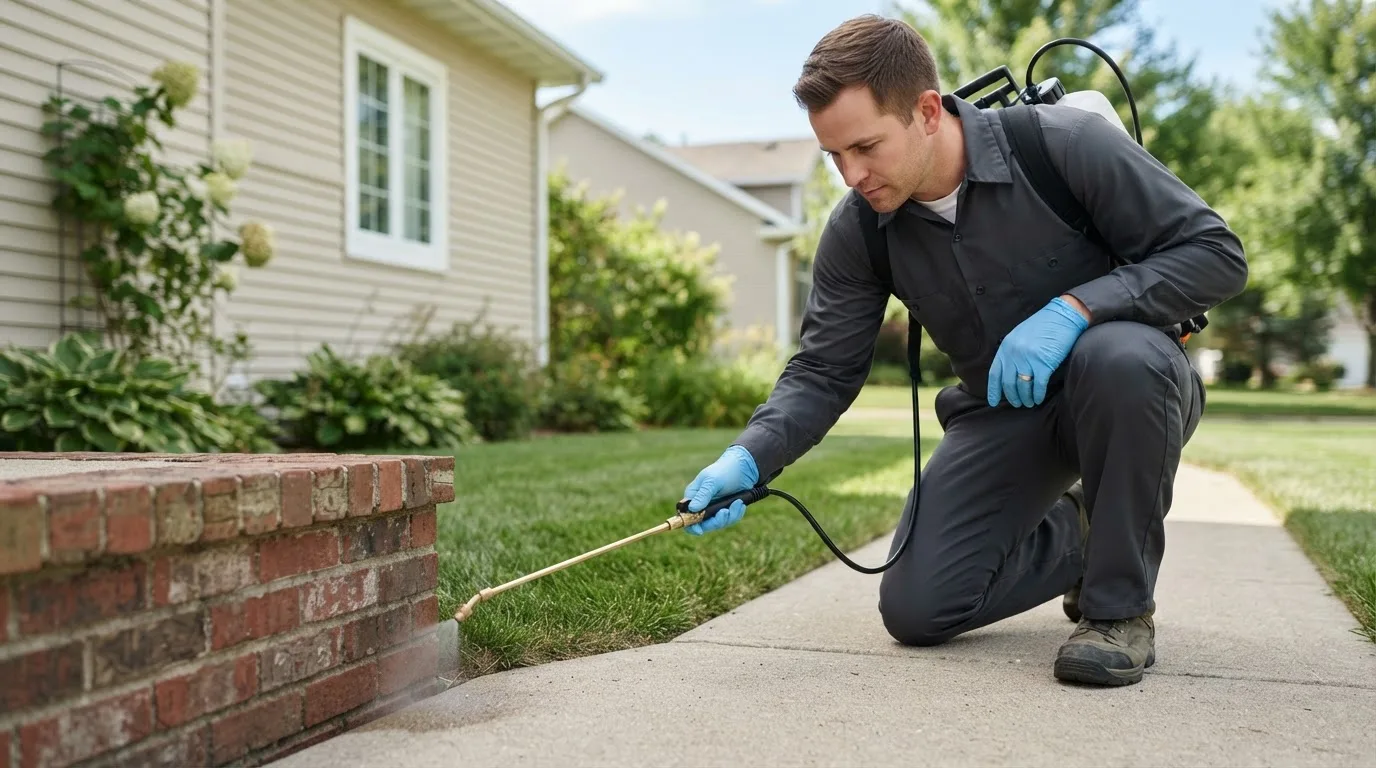 Pest control technician treating a home near Peru, ME